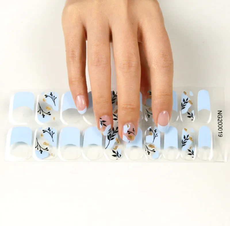 nail repair with enhancer-packed gel-Semi-Cured Gel Nail Wraps Blue French Manicure Black Leaves