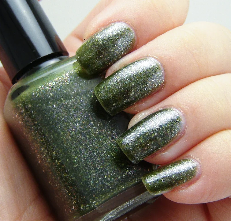 nail polish lichen gray-Earthshine (Clair de terre) - dark green jelly w/ flakies DISCONTINUED