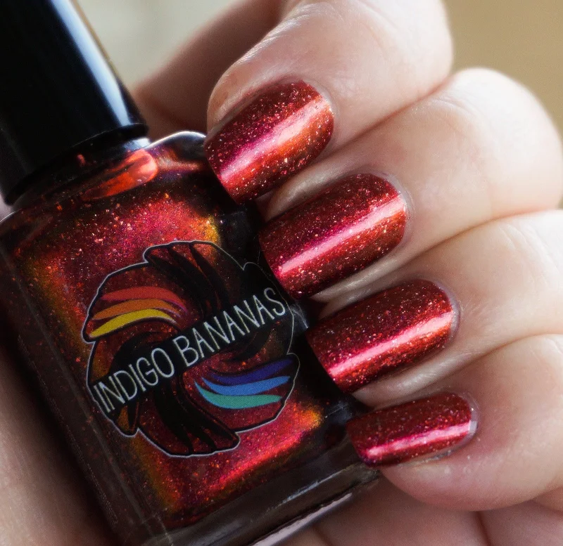 nail polish costume silk-Great Beasts Once Roamed This World - orange red multichrome linear holographic w/ flakies