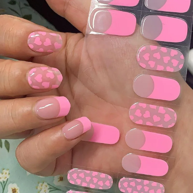 nail repair with overcoat-packed gel-Semi-Cured Gel Nail Wraps Barbiecore Pink French Manicure Hearts