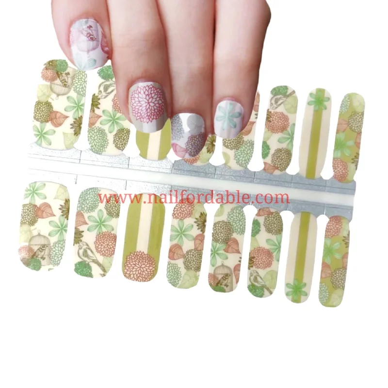 nail repair with satin finish gel-Birds and flowers