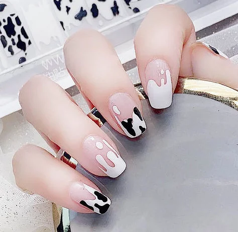 nail repair for nail repair monthly kit-Cow Print Spots and Milk Drops with Clear French Manicure