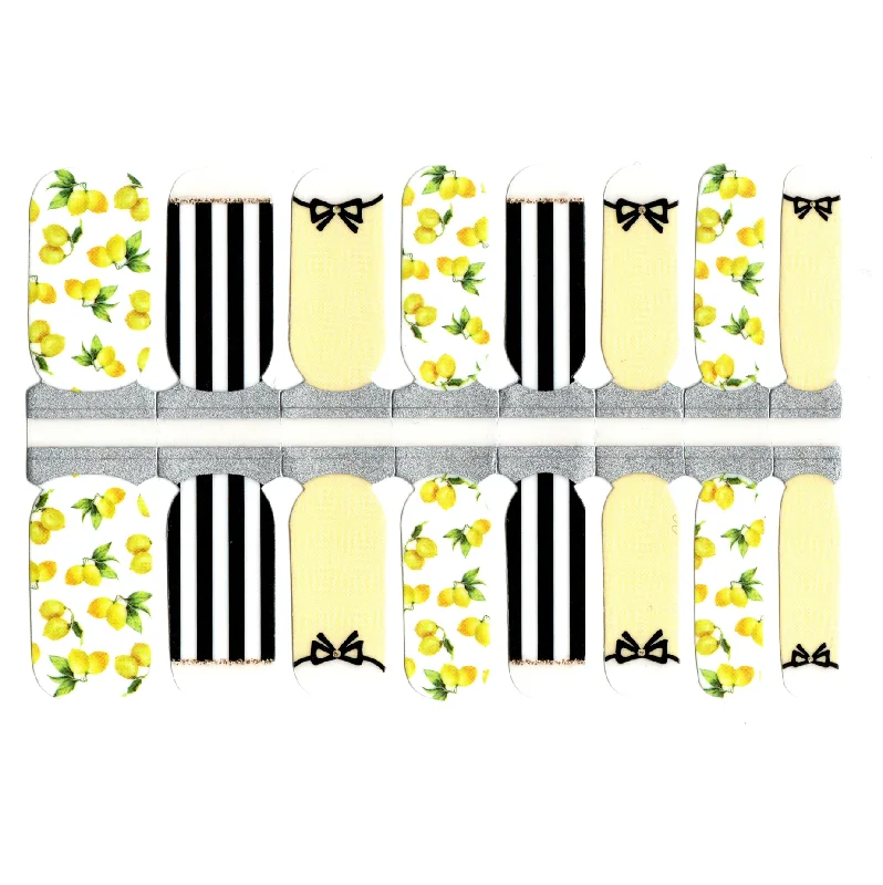 nail repair for nail repair best kit-Yellow, Black and White Striped with Bows and Lemons Clear Top French Mani