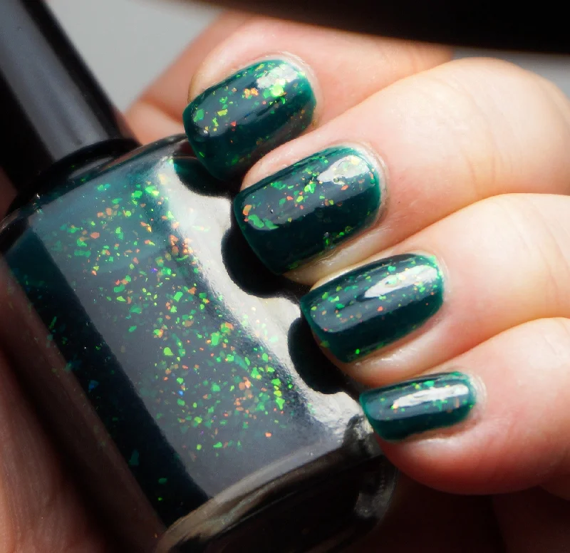 nail polish sphinx stone-Enchanted Lake - emerald green with mix of OG UP colorshifting flakies