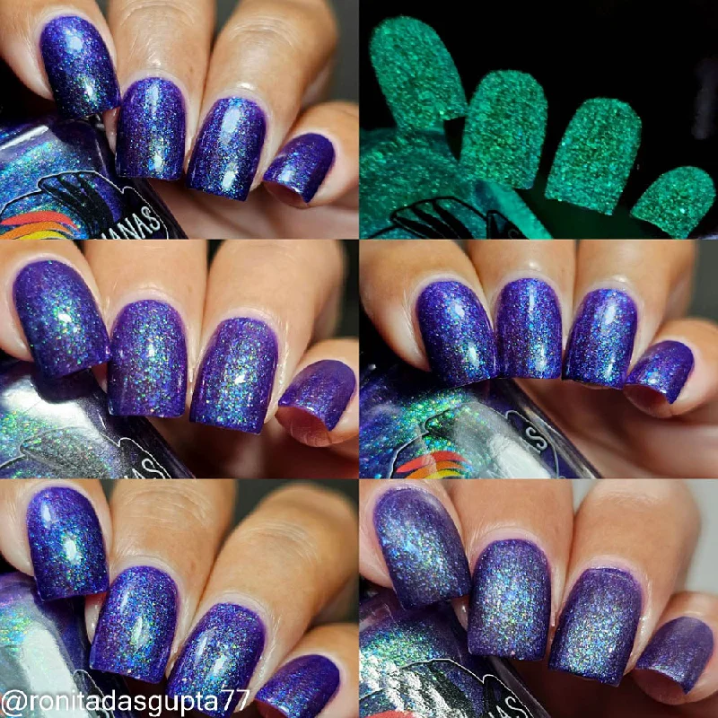 nail polish shadow play-Box of Rain - purple shimmer mix (w/ Auroras) - glow in the dark - matte