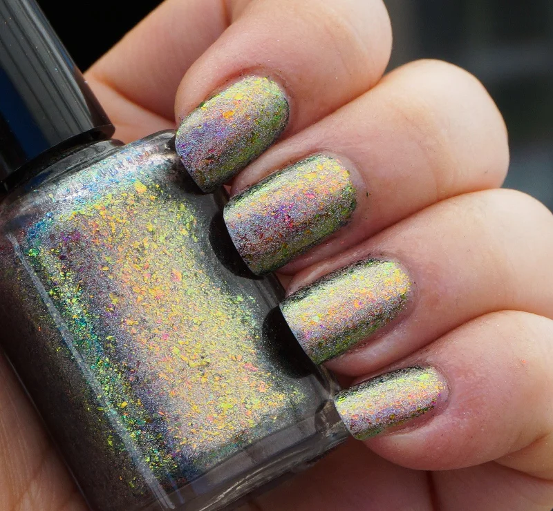 nail polish orbit blue-Color of the Fire (HOLO) - coral-orange/gold/green/blue mega chrome flakie