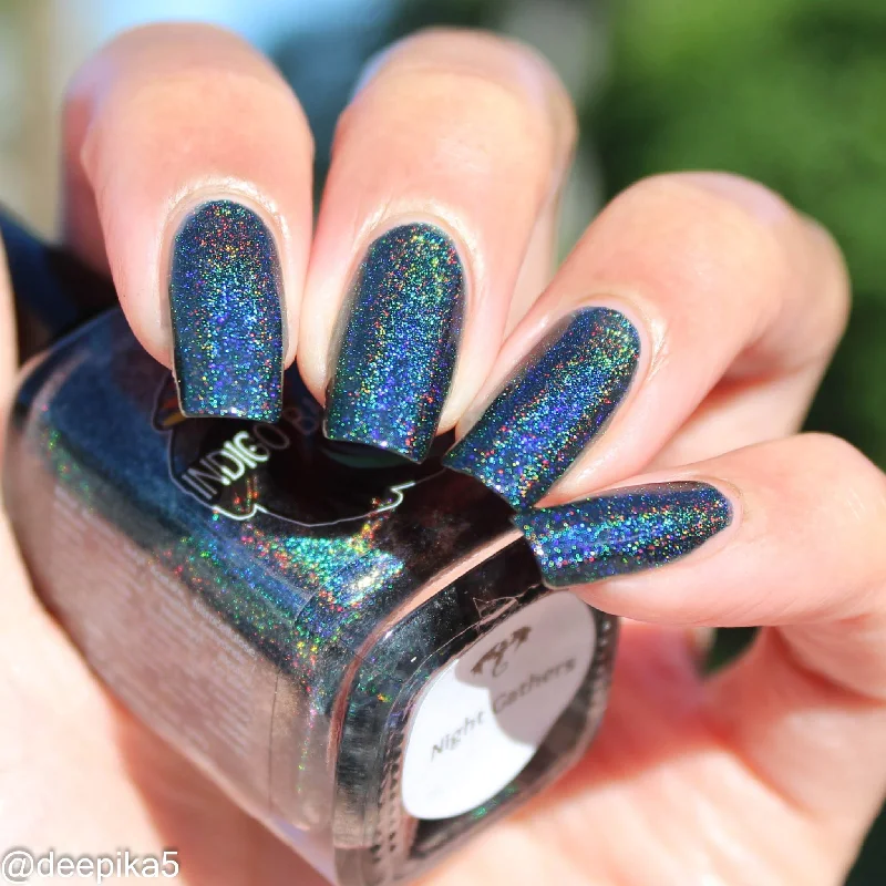 nail polish spider web-Night Gathers - inky blue-black linear holographic